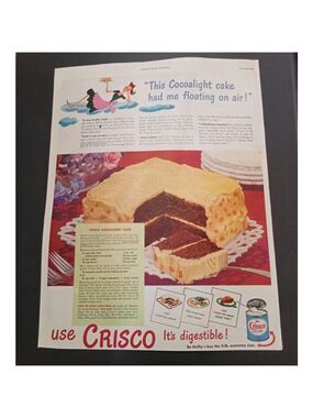 1947 Crisco Shortening Print Ad Cocoalight Cake Recipe Farmhouse Kitchen Decor